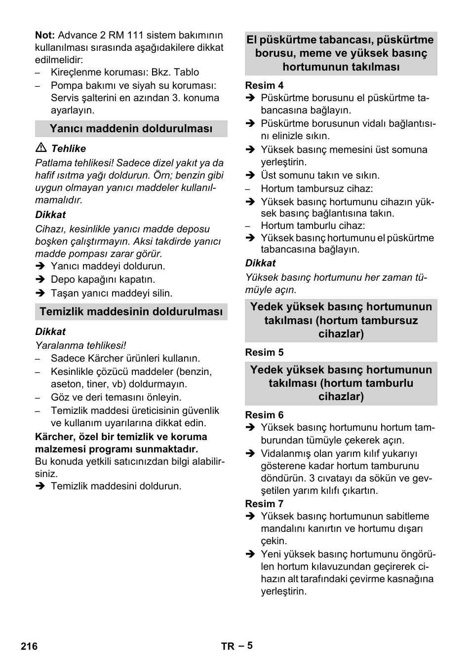 Yanıcı maddenin doldurulması, Temizlik maddesinin doldurulması | Karcher HDS 13-20-4 SX User Manual | Page 216 / 472