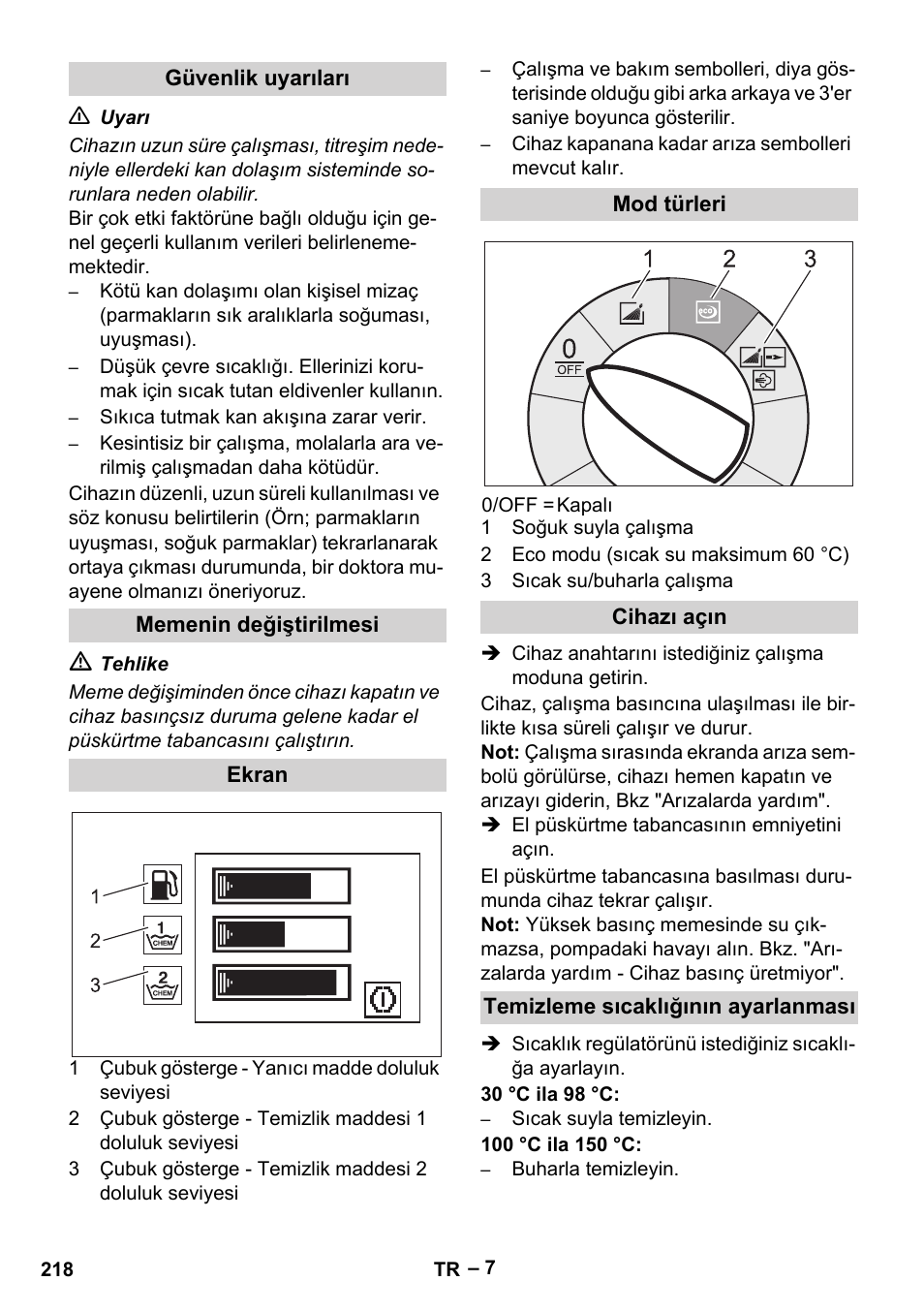 Güvenlik uyarıları, Memenin değiştirilmesi, Ekran | Mod türleri, Cihazı açın, Temizleme sıcaklığının ayarlanması | Karcher HDS 13-20-4 SX User Manual | Page 218 / 472
