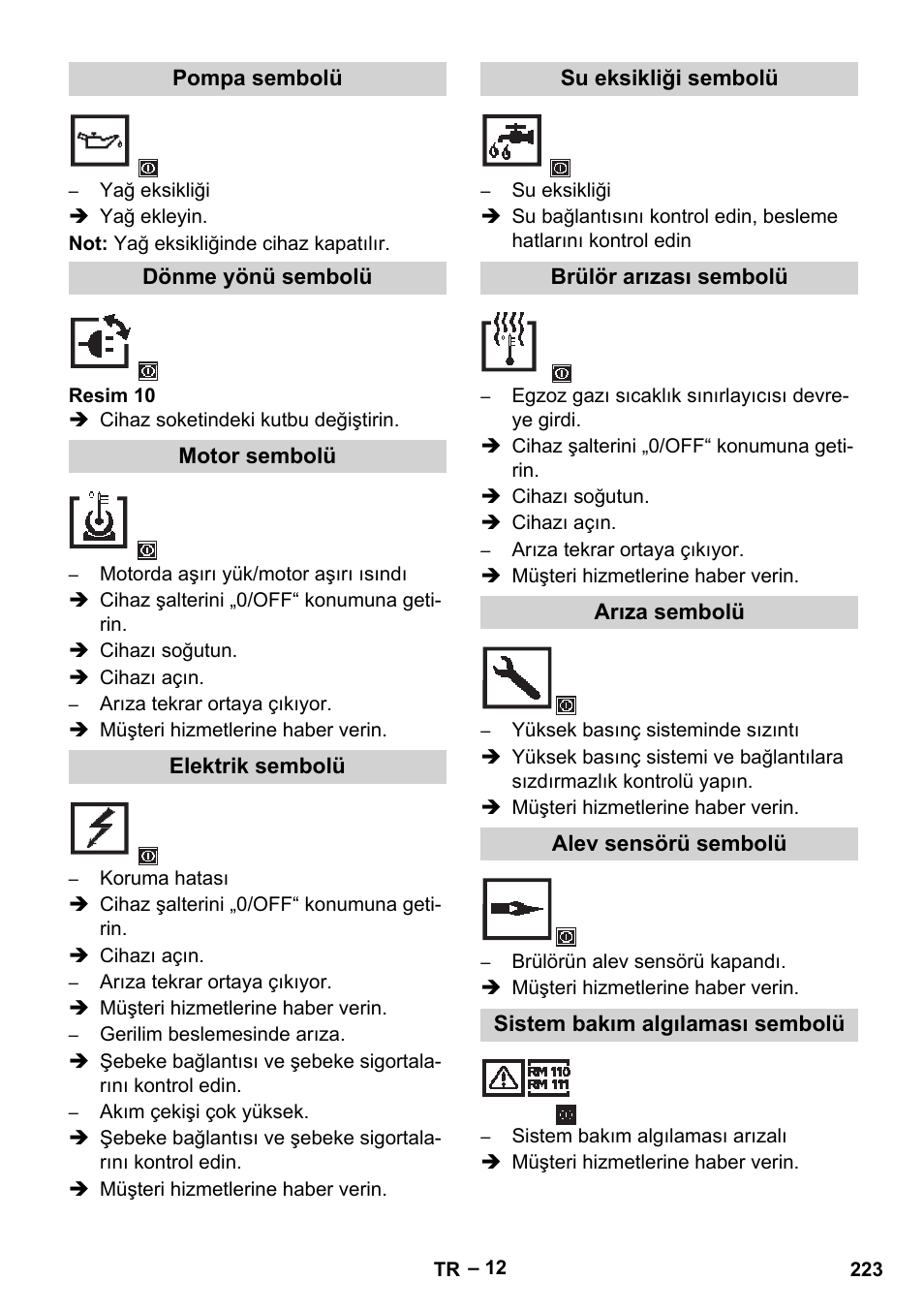 Pompa sembolü, Dönme yönü sembolü, Motor sembolü | Elektrik sembolü, Su eksikliği sembolü, Brülör arızası sembolü, Arıza sembolü, Alev sensörü sembolü, Sistem bakım algılaması sembolü | Karcher HDS 13-20-4 SX User Manual | Page 223 / 472
