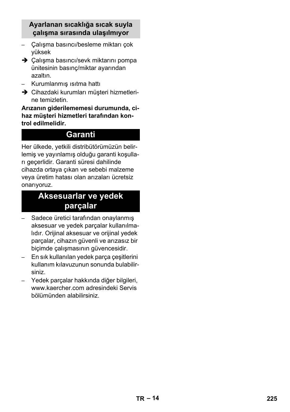 Garanti, Aksesuarlar ve yedek parçalar, Garanti aksesuarlar ve yedek parçalar | Karcher HDS 13-20-4 SX User Manual | Page 225 / 472