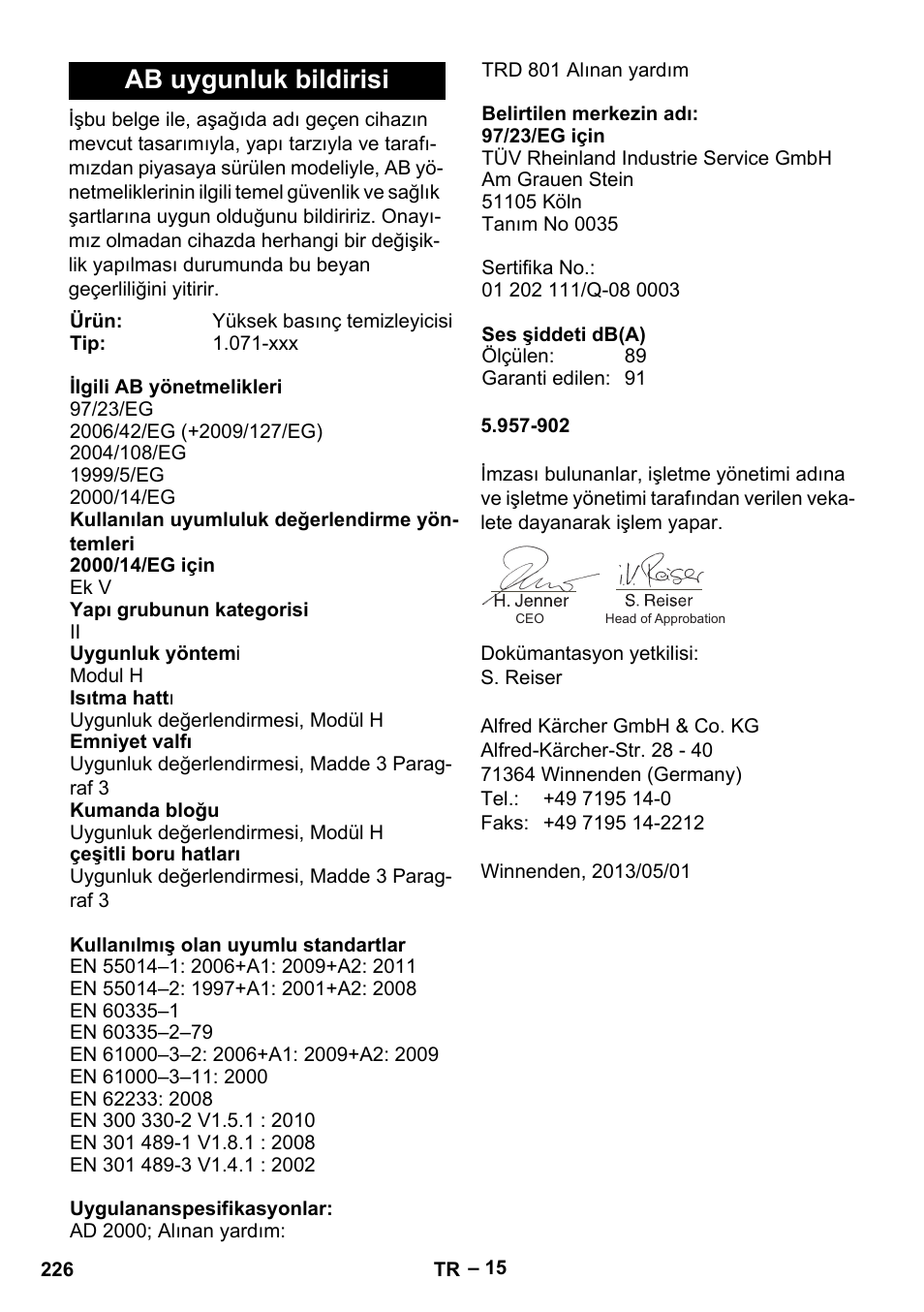 Ab uygunluk bildirisi | Karcher HDS 13-20-4 SX User Manual | Page 226 / 472