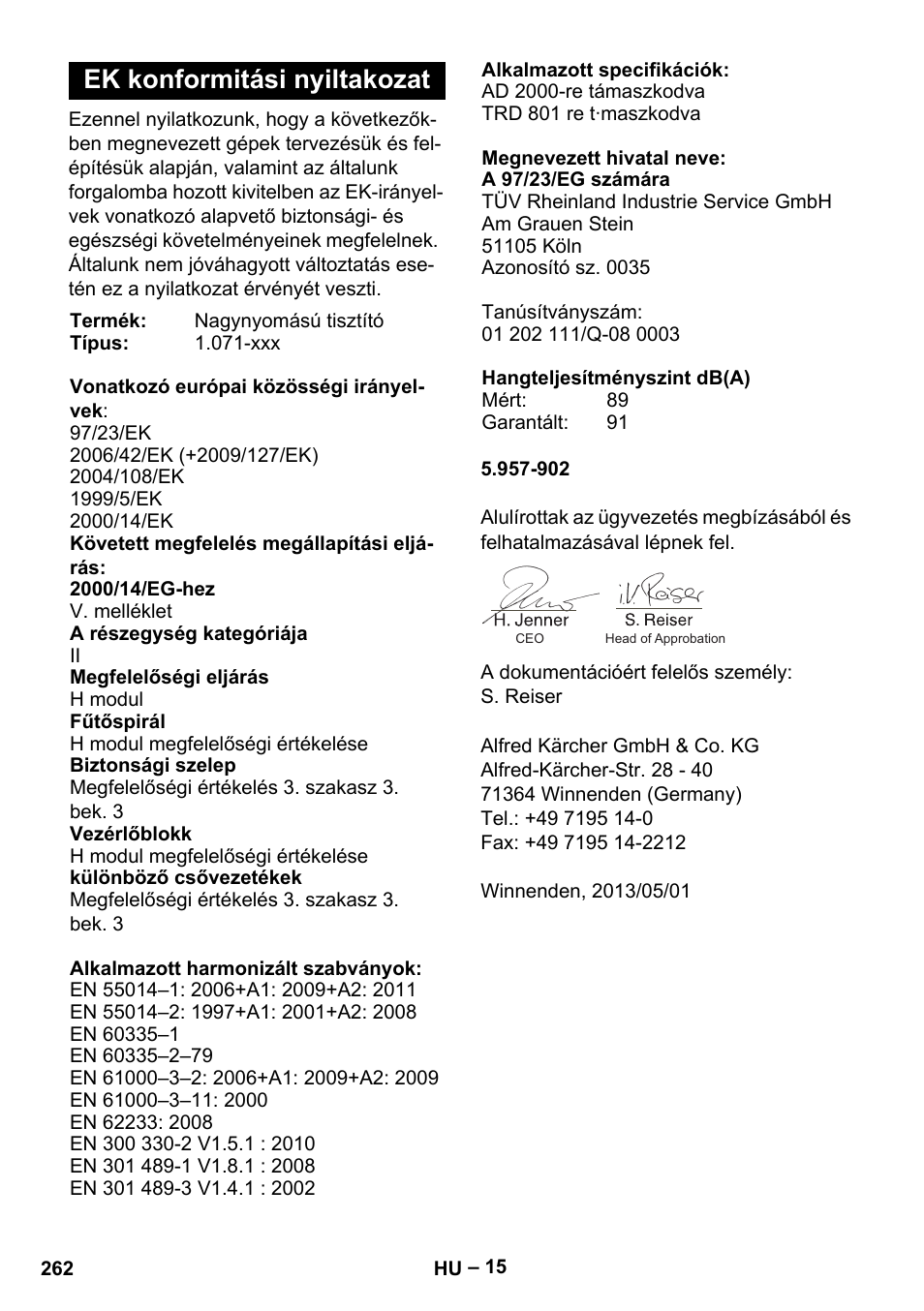 Ek konformitási nyiltakozat | Karcher HDS 13-20-4 SX User Manual | Page 262 / 472