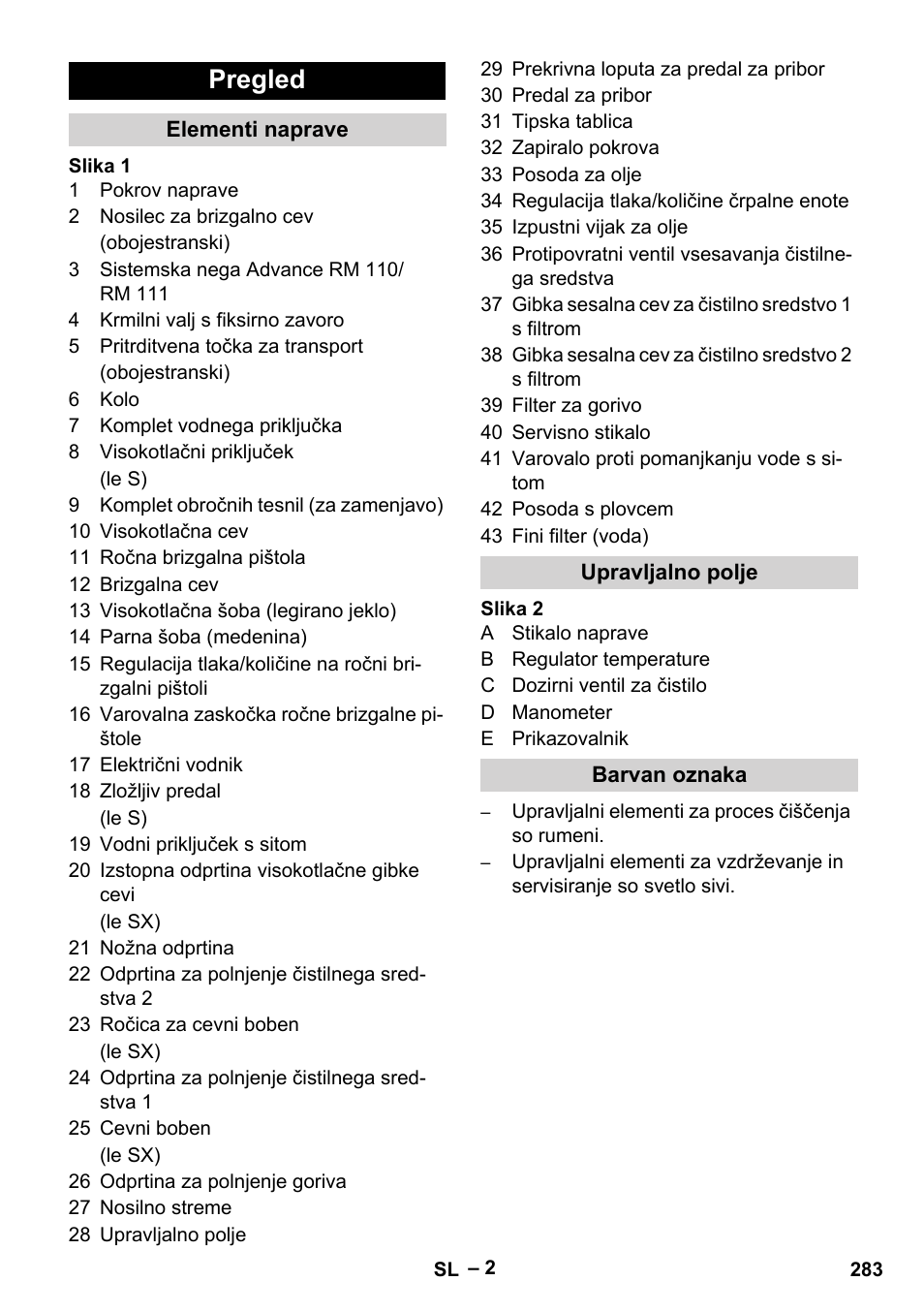 Pregled, Elementi naprave, Upravljalno polje | Barvan oznaka | Karcher HDS 13-20-4 SX User Manual | Page 283 / 472