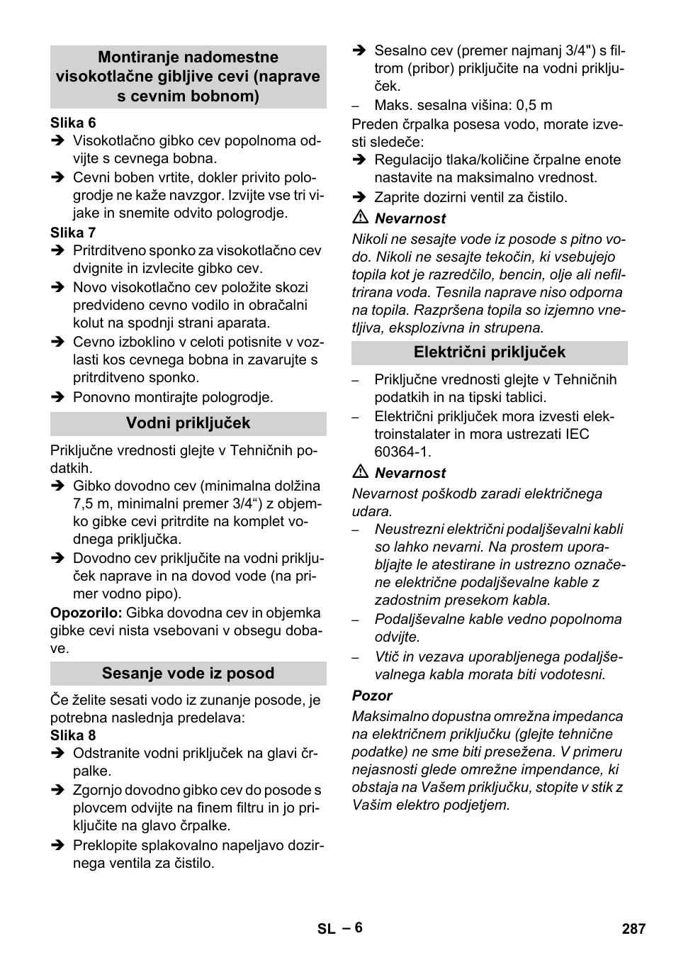 Vodni priključek, Sesanje vode iz posod, Električni priključek | Karcher HDS 13-20-4 SX User Manual | Page 287 / 472