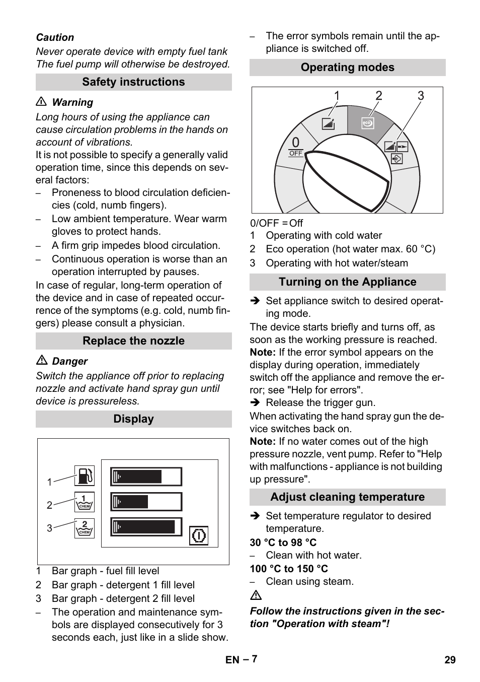 Safety instructions, Replace the nozzle, Display | Operating modes, Turning on the appliance, Adjust cleaning temperature | Karcher HDS 13-20-4 SX User Manual | Page 29 / 472