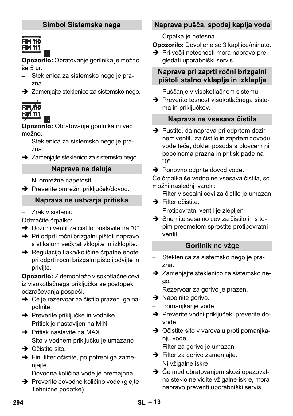 Simbol sistemska nega, Naprava ne deluje, Naprava ne ustvarja pritiska | Naprava pušča, spodaj kaplja voda, Naprava ne vsesava čistila, Gorilnik ne vžge | Karcher HDS 13-20-4 SX User Manual | Page 294 / 472