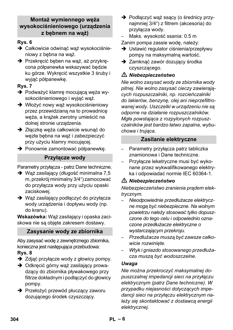 Przyłącze wody, Zasysanie wody ze zbiornika, Zasilanie elektryczne | Karcher HDS 13-20-4 SX User Manual | Page 304 / 472