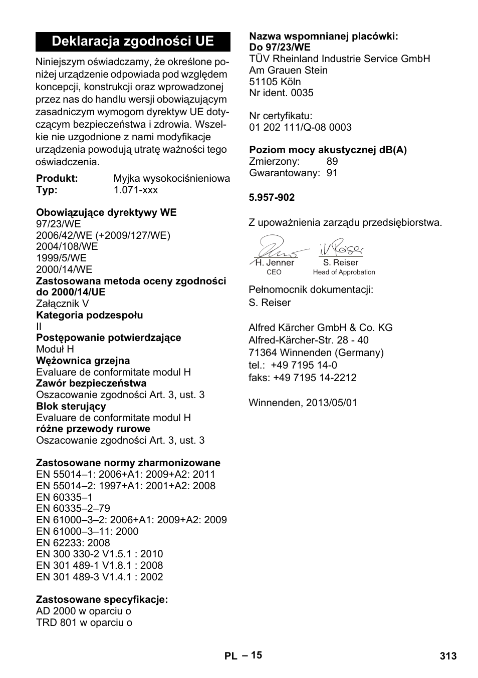 Deklaracja zgodności ue | Karcher HDS 13-20-4 SX User Manual | Page 313 / 472