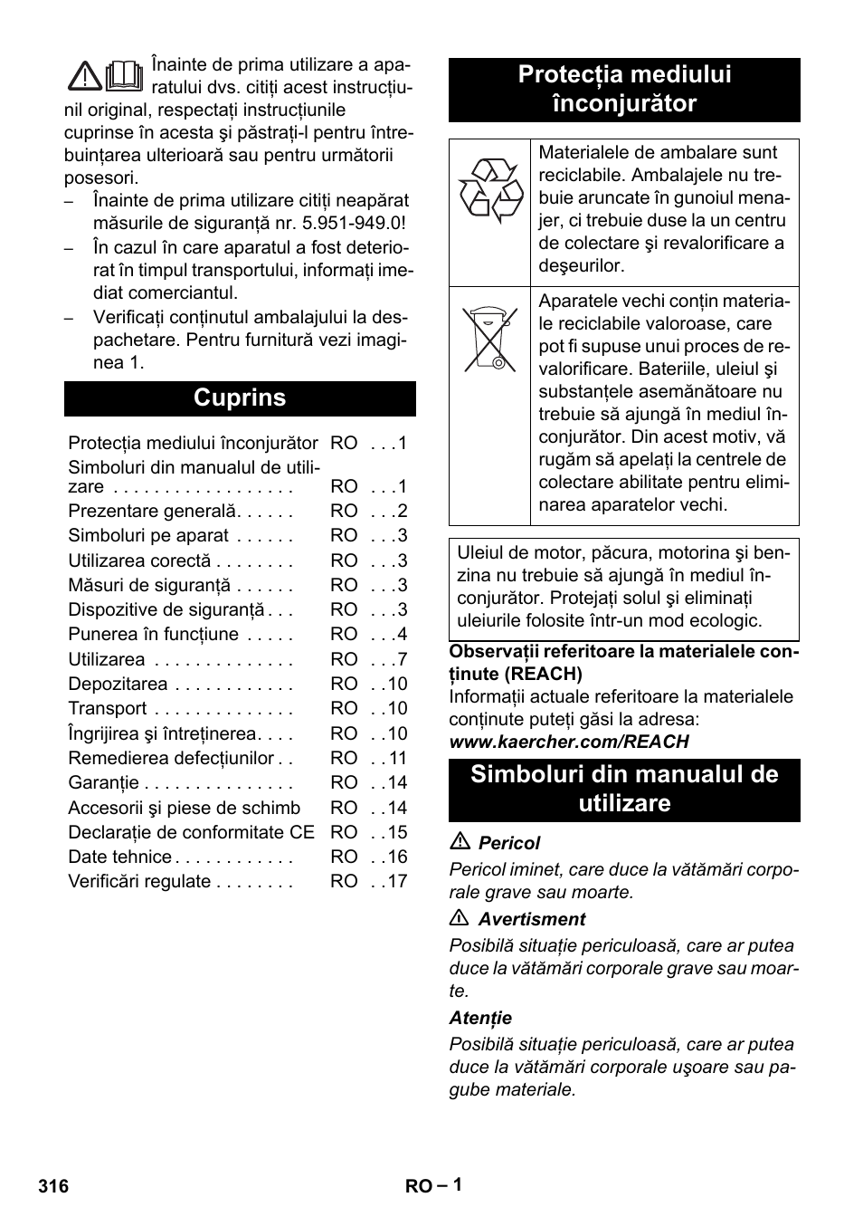 Româneşte, Cuprins, Protecţia mediului înconjurător | Simboluri din manualul de utilizare | Karcher HDS 13-20-4 SX User Manual | Page 316 / 472