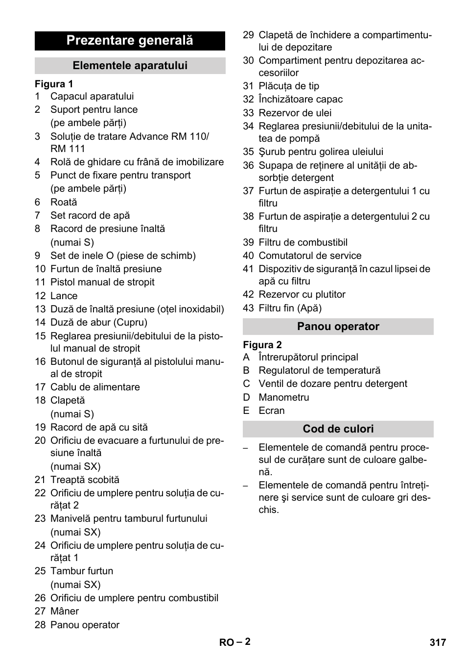 Prezentare generală, Elementele aparatului, Panou operator | Cod de culori | Karcher HDS 13-20-4 SX User Manual | Page 317 / 472
