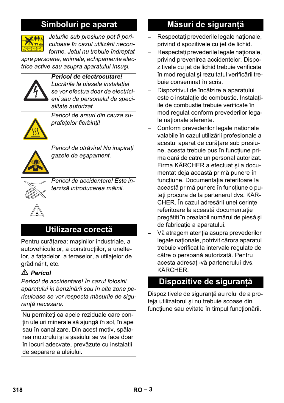 Simboluri pe aparat, Utilizarea corectă, Măsuri de siguranţă | Dispozitive de siguranţă, Măsuri de siguranţă dispozitive de siguranţă | Karcher HDS 13-20-4 SX User Manual | Page 318 / 472