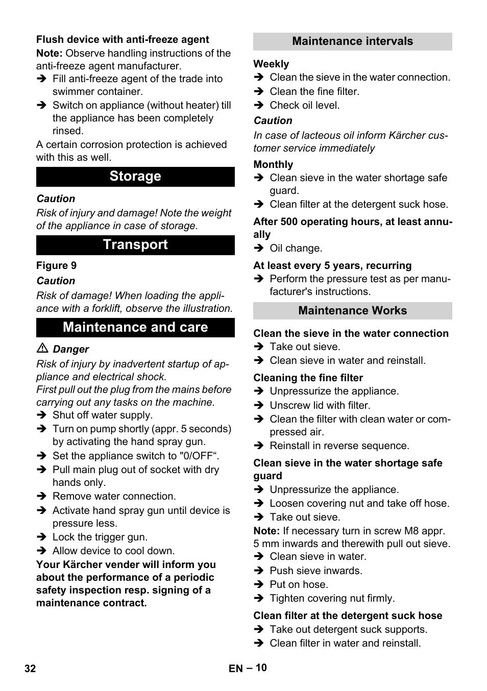 Flush device with anti-freeze agent, Storage, Transport | Maintenance and care, Maintenance intervals, Weekly, Monthly, After 500 operating hours, at least annually, At least every 5 years, recurring, Maintenance works | Karcher HDS 13-20-4 SX User Manual | Page 32 / 472