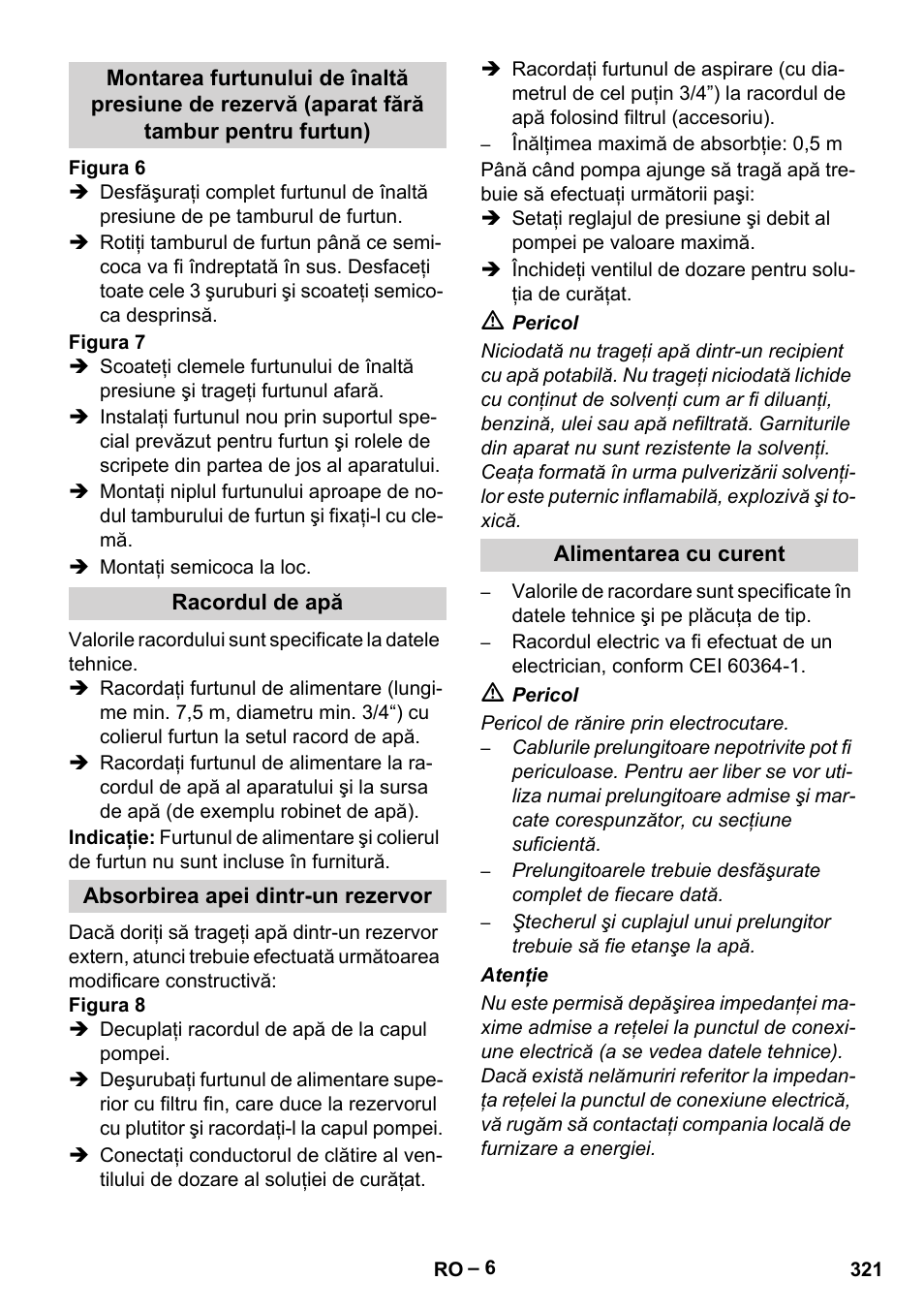 Racordul de apă, Absorbirea apei dintr-un rezervor, Alimentarea cu curent | Karcher HDS 13-20-4 SX User Manual | Page 321 / 472