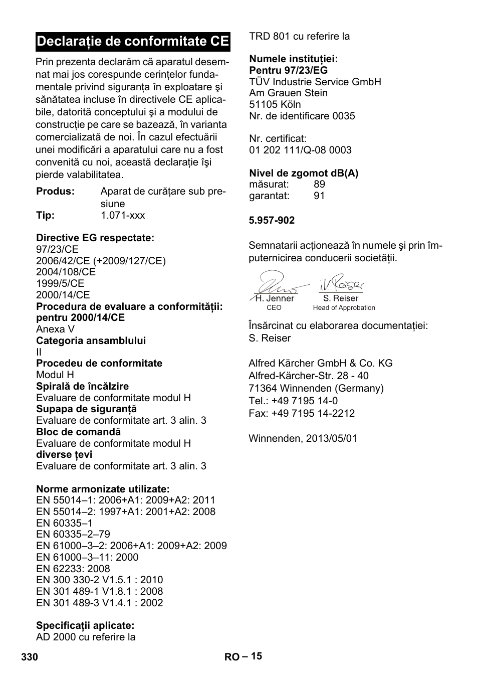 Declaraţie de conformitate ce | Karcher HDS 13-20-4 SX User Manual | Page 330 / 472