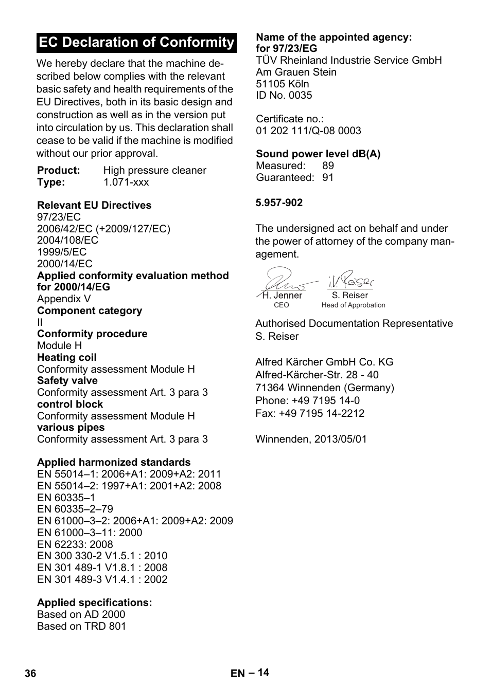 Ec declaration of conformity | Karcher HDS 13-20-4 SX User Manual | Page 36 / 472