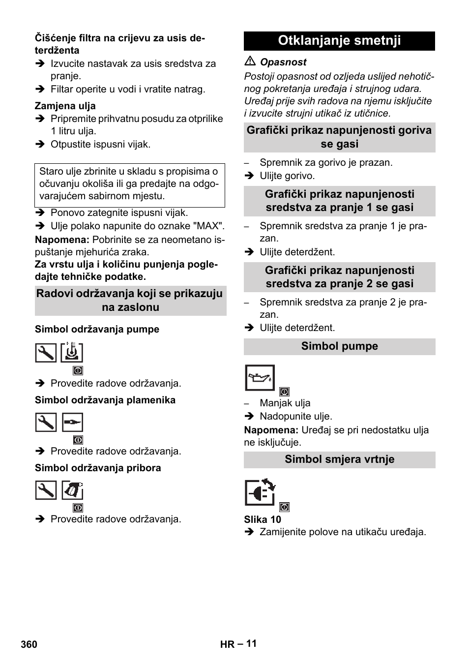 Čišćenje filtra na crijevu za usis deterdženta, Zamjena ulja, Radovi održavanja koji se prikazuju na zaslonu | Simbol održavanja pumpe, Simbol održavanja plamenika, Simbol održavanja pribora, Otklanjanje smetnji, Grafički prikaz napunjenosti goriva se gasi, Simbol pumpe, Simbol smjera vrtnje | Karcher HDS 13-20-4 SX User Manual | Page 360 / 472