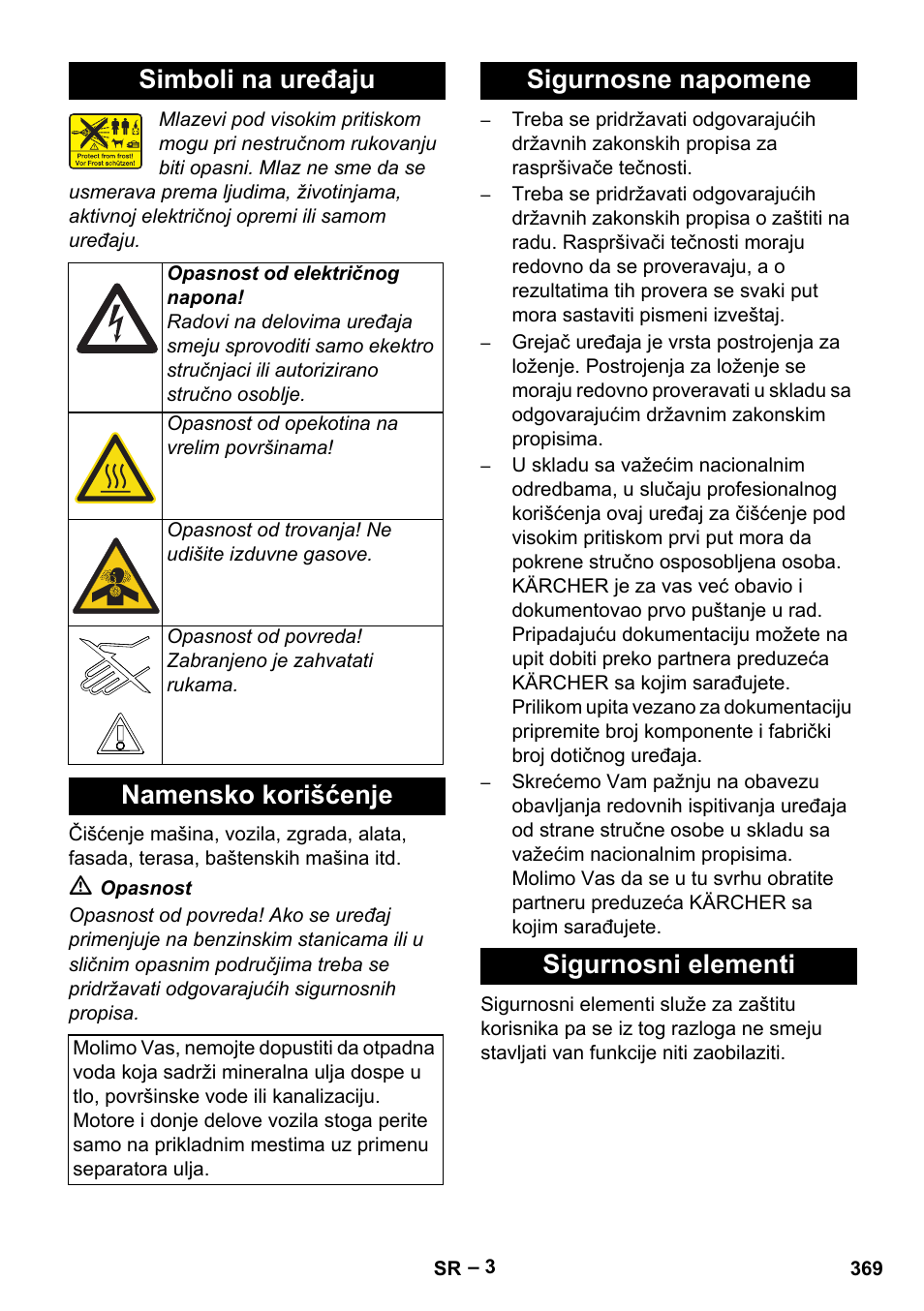 Simboli na uređaju, Namensko korišćenje, Sigurnosne napomene | Sigurnosni elementi, Sigurnosne napomene sigurnosni elementi | Karcher HDS 13-20-4 SX User Manual | Page 369 / 472