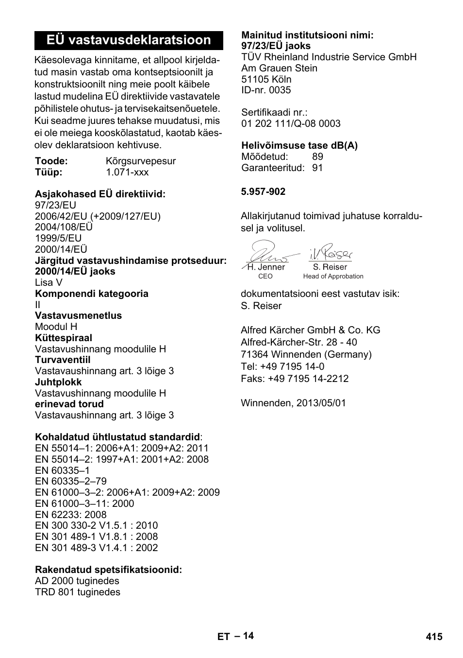 Eü vastavusdeklaratsioon | Karcher HDS 13-20-4 SX User Manual | Page 415 / 472