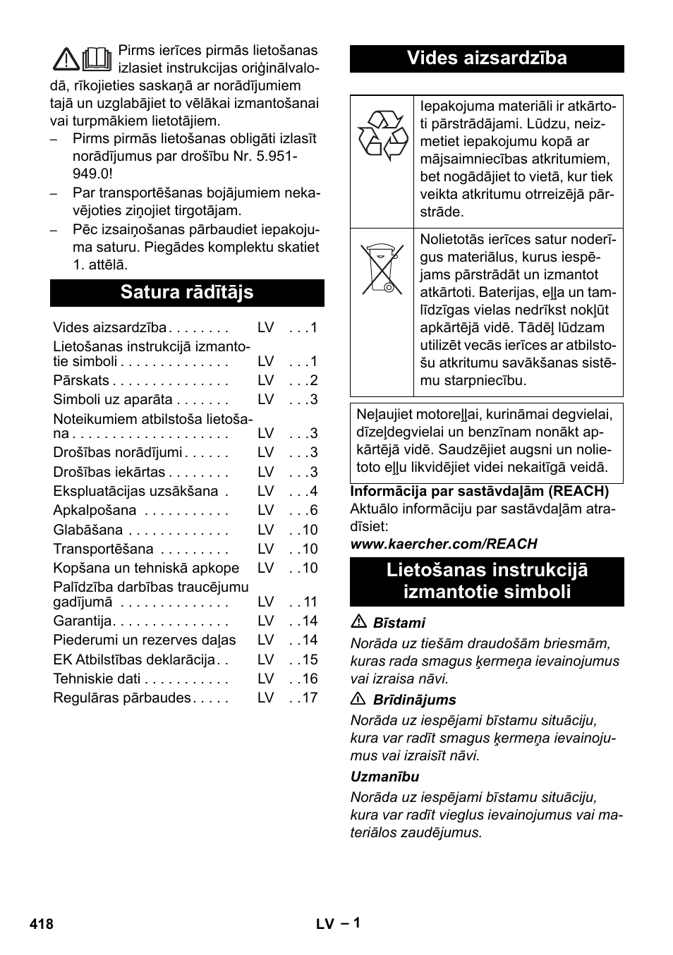 Latviešu, Satura rādītājs, Vides aizsardzība | Lietošanas instrukcijā izmantotie simboli | Karcher HDS 13-20-4 SX User Manual | Page 418 / 472