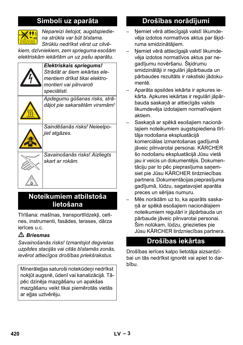 Simboli uz aparāta, Noteikumiem atbilstoša lietošana, Drošības norādījumi | Drošības iekārtas, Drošības norādījumi drošības iekārtas | Karcher HDS 13-20-4 SX User Manual | Page 420 / 472