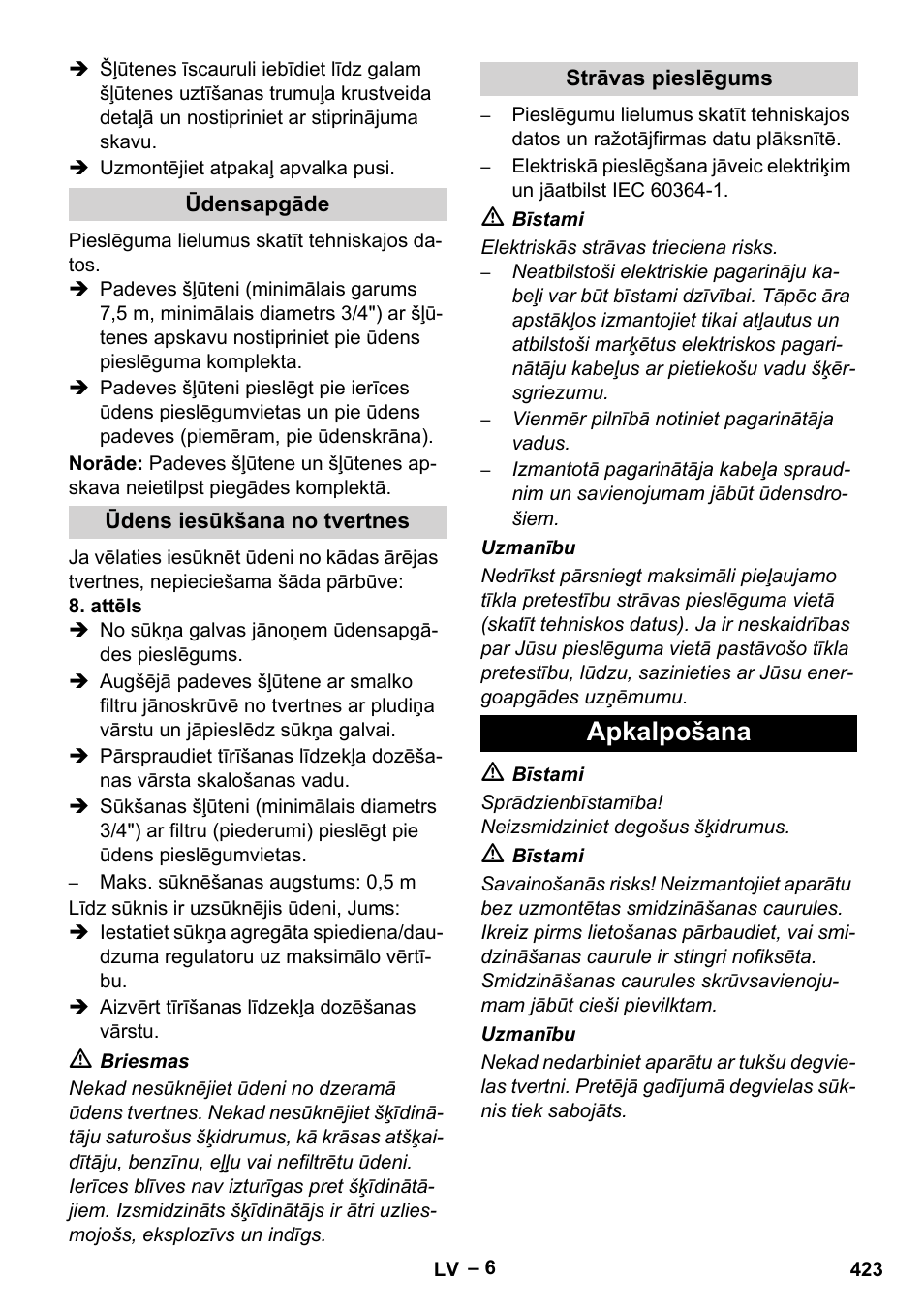 Ūdensapgāde, Ūdens iesūkšana no tvertnes, Strāvas pieslēgums | Apkalpošana | Karcher HDS 13-20-4 SX User Manual | Page 423 / 472