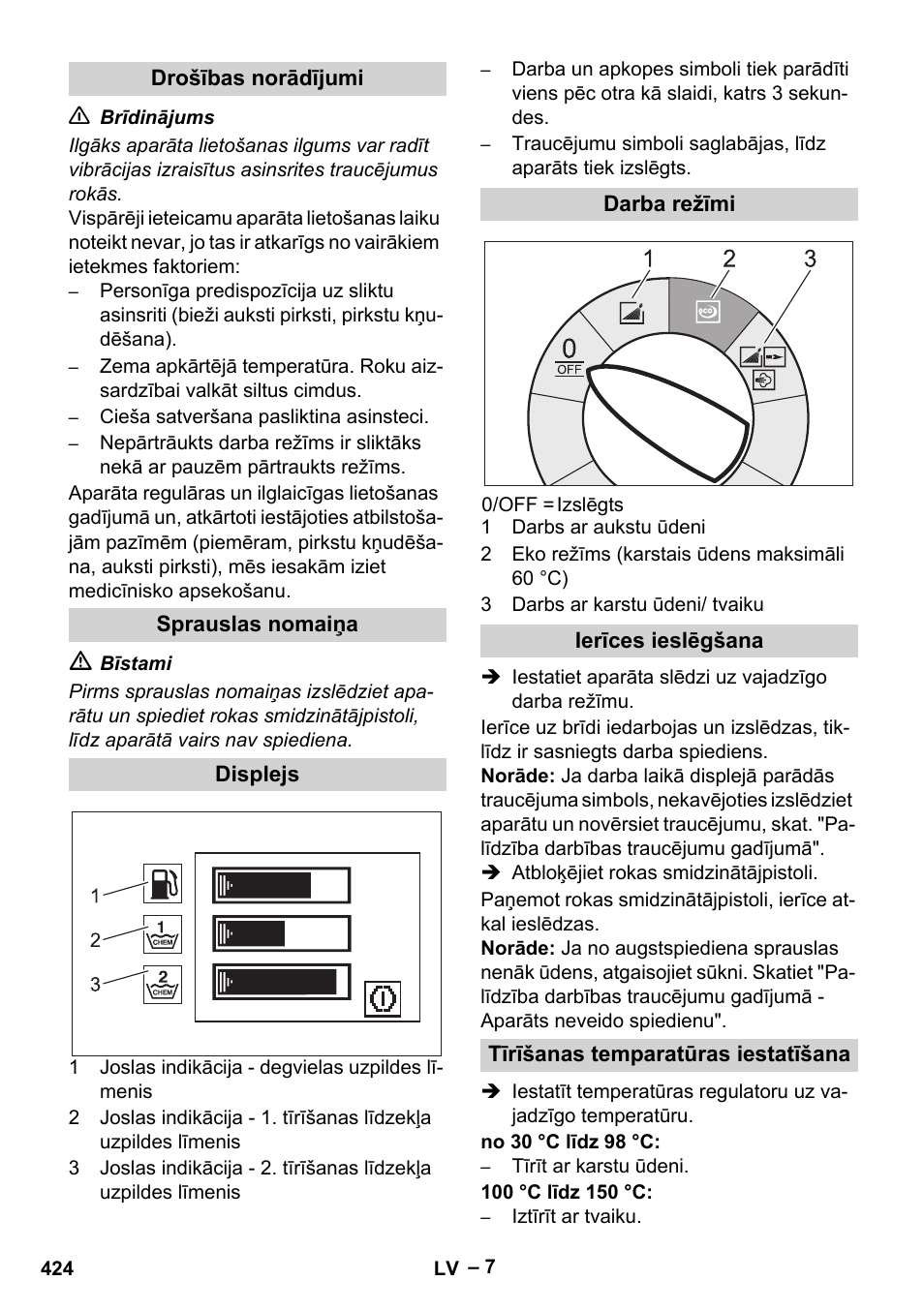 Drošības norādījumi, Sprauslas nomaiņa, Displejs | Darba režīmi, Ierīces ieslēgšana, Tīrīšanas temparatūras iestatīšana | Karcher HDS 13-20-4 SX User Manual | Page 424 / 472
