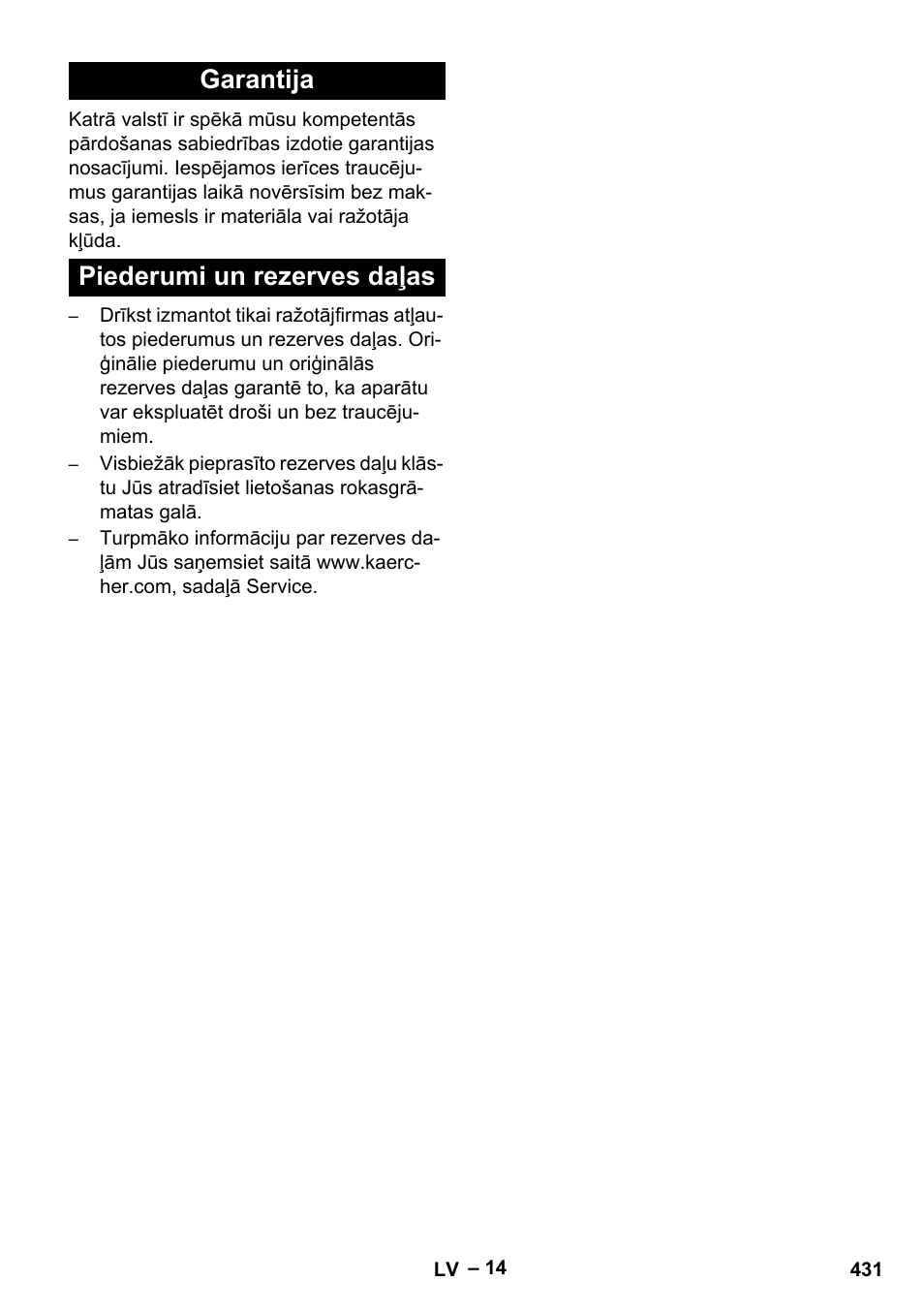 Garantija, Piederumi un rezerves daļas, Garantija piederumi un rezerves daļas | Karcher HDS 13-20-4 SX User Manual | Page 431 / 472