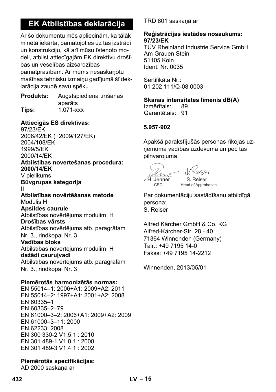 Ek atbilstības deklarācija | Karcher HDS 13-20-4 SX User Manual | Page 432 / 472