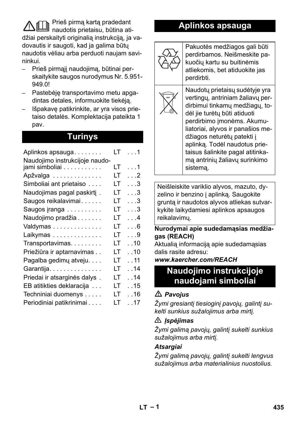 Lietuviškai, Turinys, Aplinkos apsauga | Naudojimo instrukcijoje naudojami simboliai | Karcher HDS 13-20-4 SX User Manual | Page 435 / 472