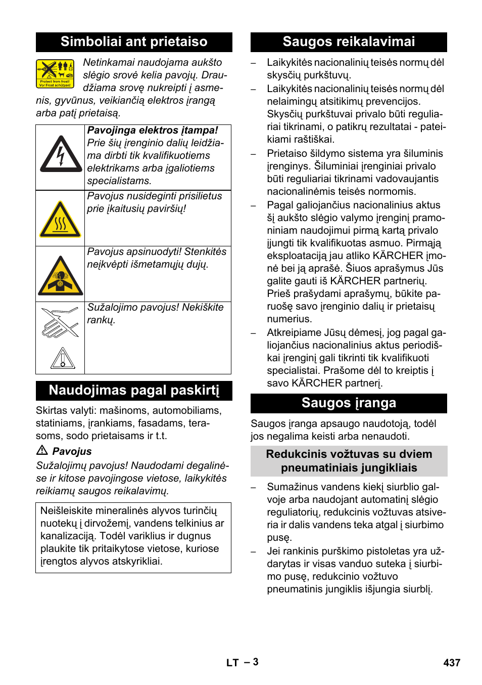 Simboliai ant prietaiso, Naudojimas pagal paskirtį, Saugos reikalavimai | Saugos įranga, Saugos reikalavimai saugos įranga | Karcher HDS 13-20-4 SX User Manual | Page 437 / 472