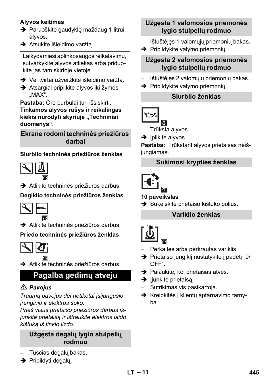 Alyvos keitimas, Ekrane rodomi techninės priežiūros darbai, Siurblio techninės priežiūros ženklas | Degiklio techninės priežiūros ženklas, Priedo techninės priežiūros ženklas, Pagalba gedimų atveju, Užgęsta degalų lygio stulpelių rodmuo, Siurblio ženklas, Sukimosi krypties ženklas, Variklio ženklas | Karcher HDS 13-20-4 SX User Manual | Page 445 / 472