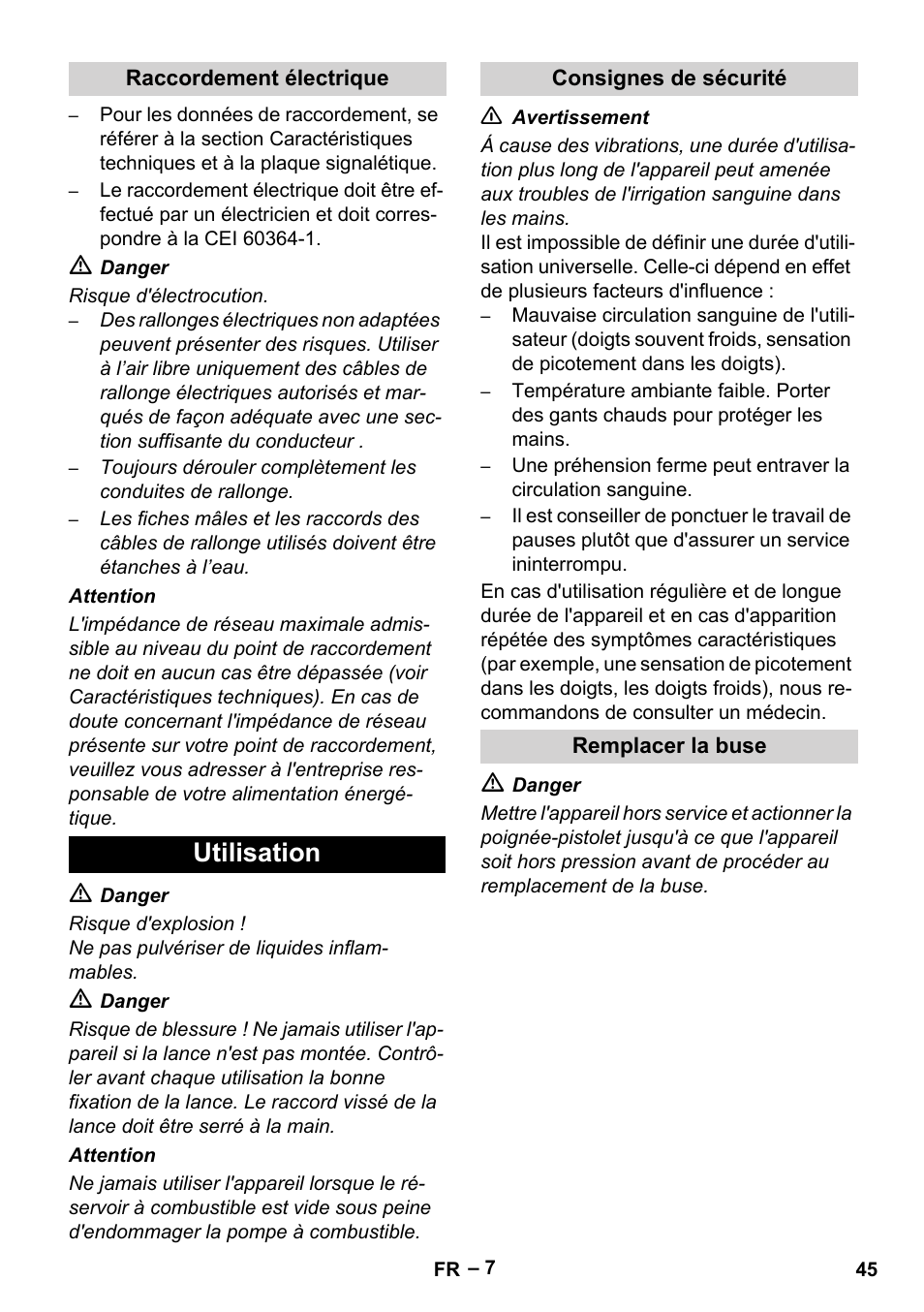 Raccordement électrique, Utilisation, Consignes de sécurité | Remplacer la buse | Karcher HDS 13-20-4 SX User Manual | Page 45 / 472