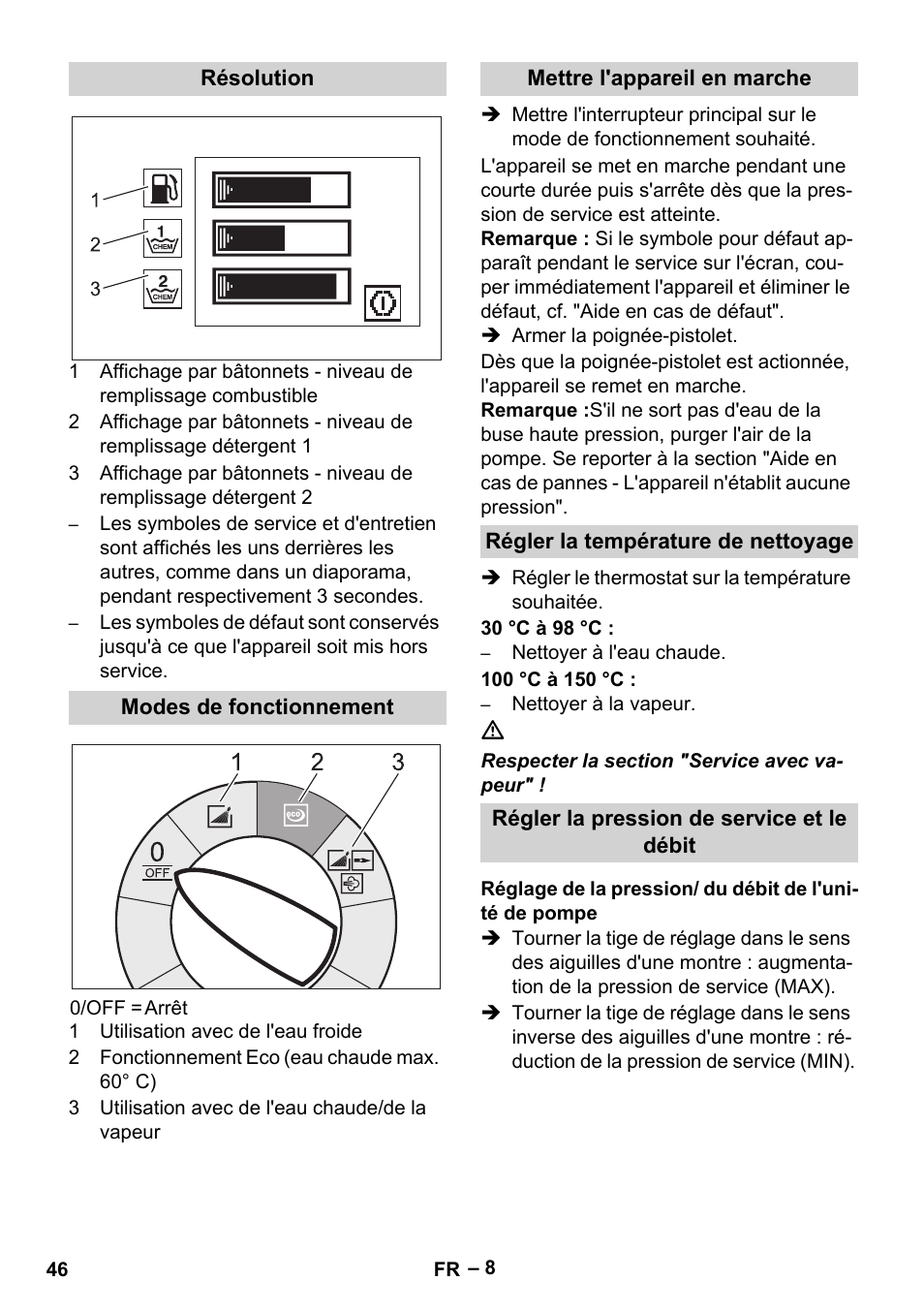 Résolution, Modes de fonctionnement, Mettre l'appareil en marche | Régler la température de nettoyage, Régler la pression de service et le débit | Karcher HDS 13-20-4 SX User Manual | Page 46 / 472