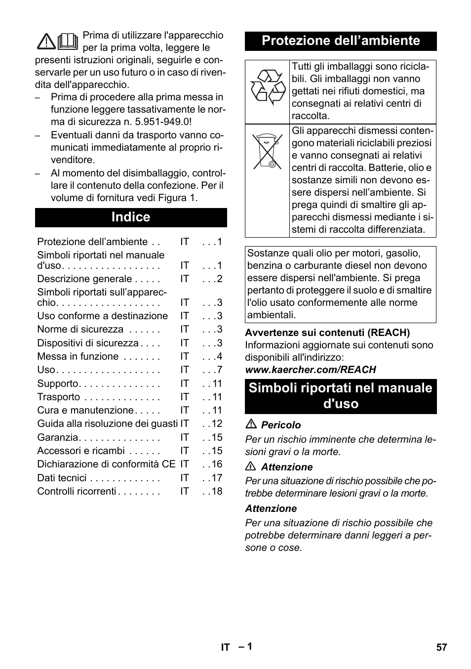 Italiano, Indice, Protezione dell’ambiente | Simboli riportati nel manuale d'uso | Karcher HDS 13-20-4 SX User Manual | Page 57 / 472