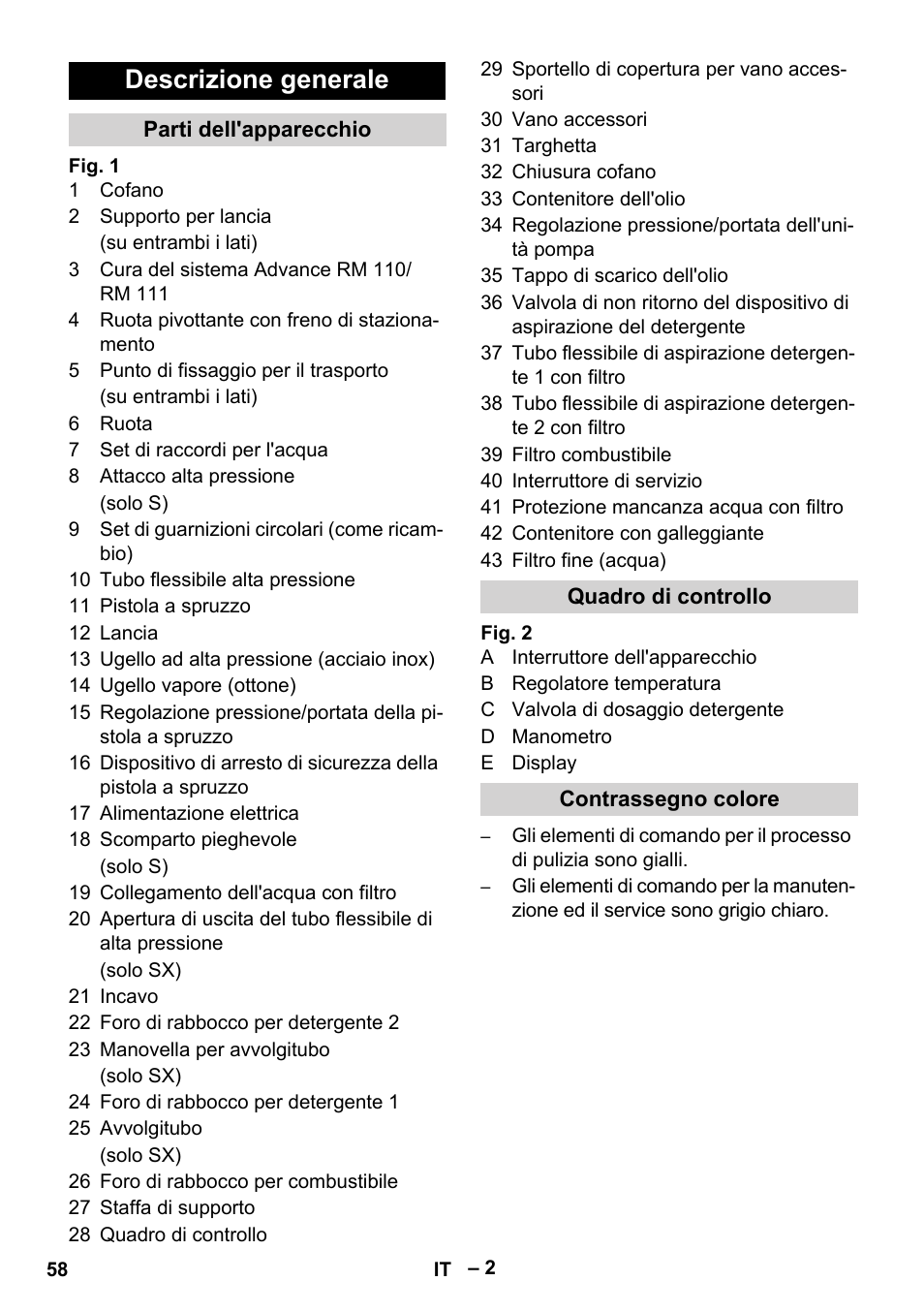 Descrizione generale, Parti dell'apparecchio, Quadro di controllo | Contrassegno colore | Karcher HDS 13-20-4 SX User Manual | Page 58 / 472
