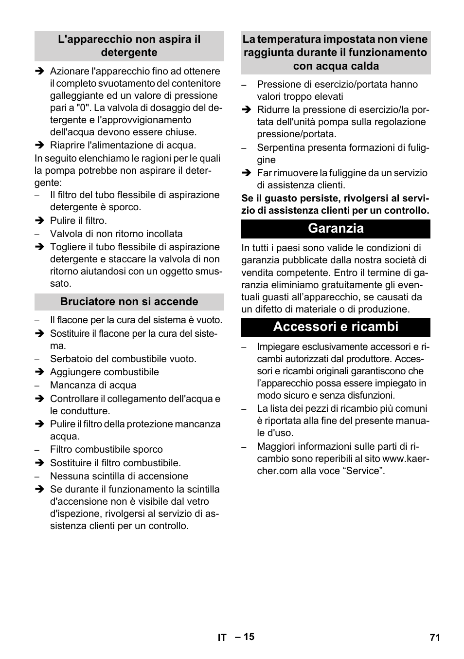 L'apparecchio non aspira il detergente, Bruciatore non si accende, Garanzia | Accessori e ricambi, Garanzia accessori e ricambi | Karcher HDS 13-20-4 SX User Manual | Page 71 / 472
