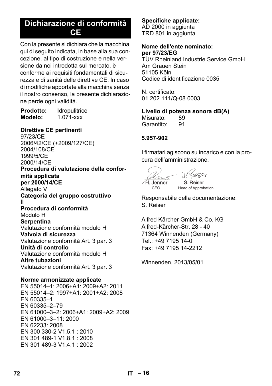 Dichiarazione di conformità ce | Karcher HDS 13-20-4 SX User Manual | Page 72 / 472