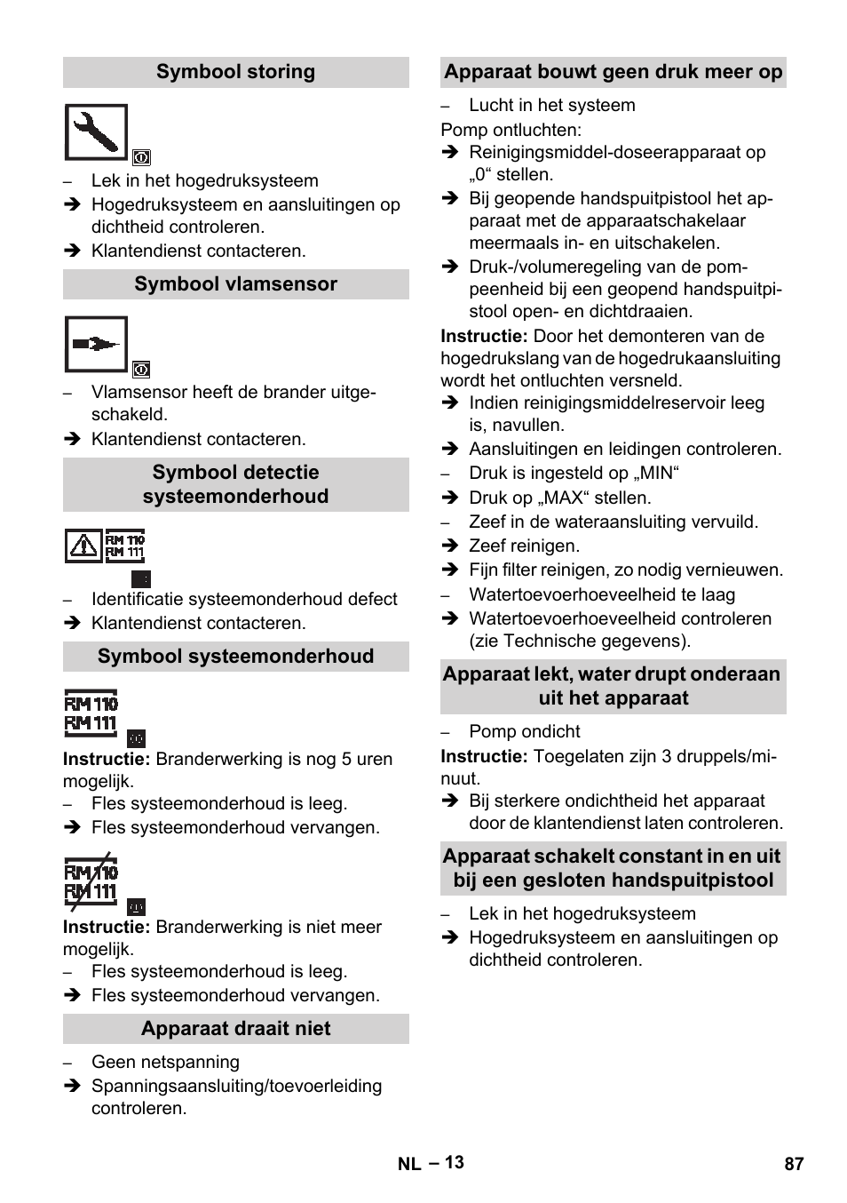 Symbool storing, Symbool vlamsensor, Symbool detectie systeemonderhoud | Symbool systeemonderhoud, Apparaat draait niet, Apparaat bouwt geen druk meer op | Karcher HDS 13-20-4 SX User Manual | Page 87 / 472