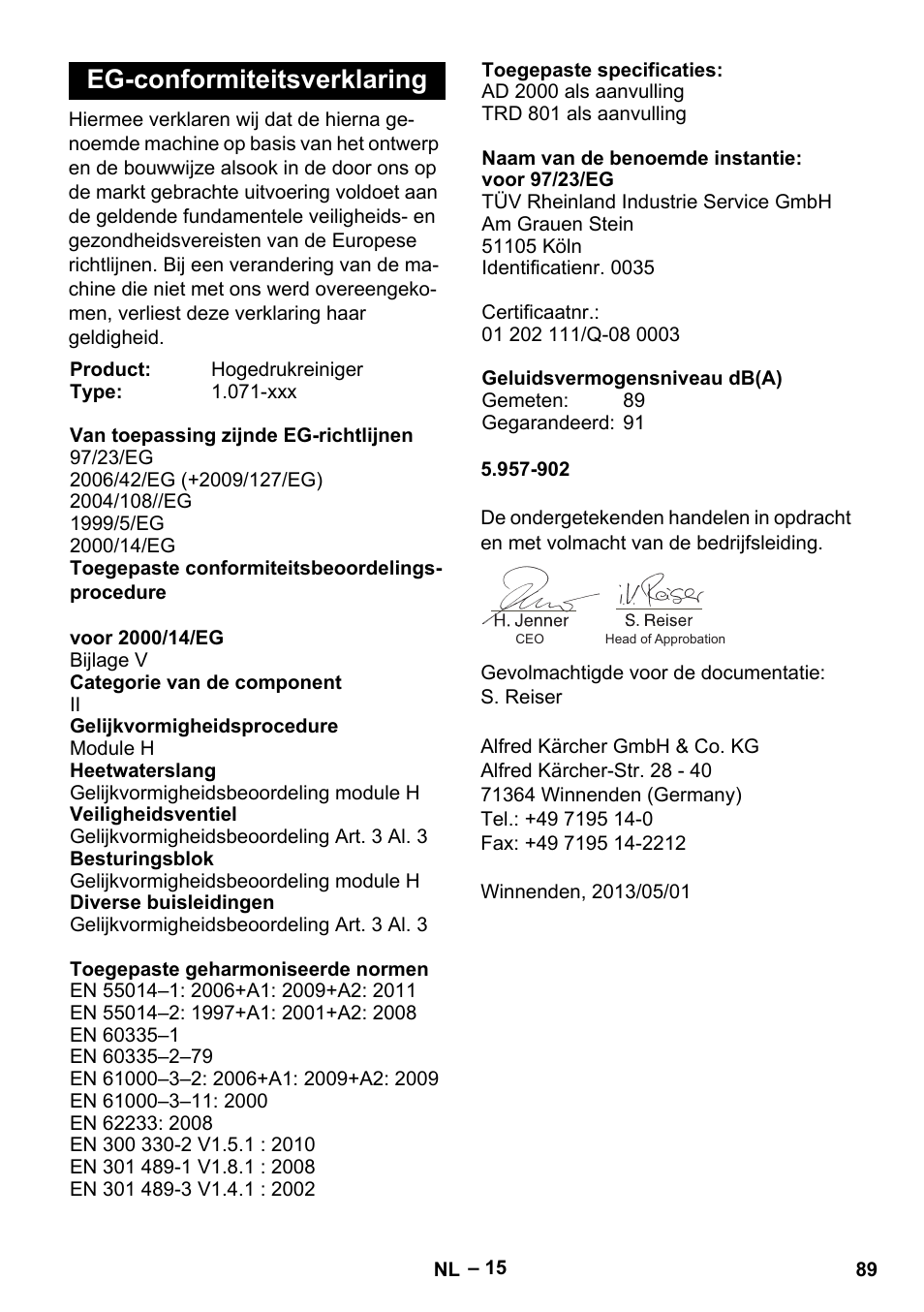 Eg-conformiteitsverklaring | Karcher HDS 13-20-4 SX User Manual | Page 89 / 472