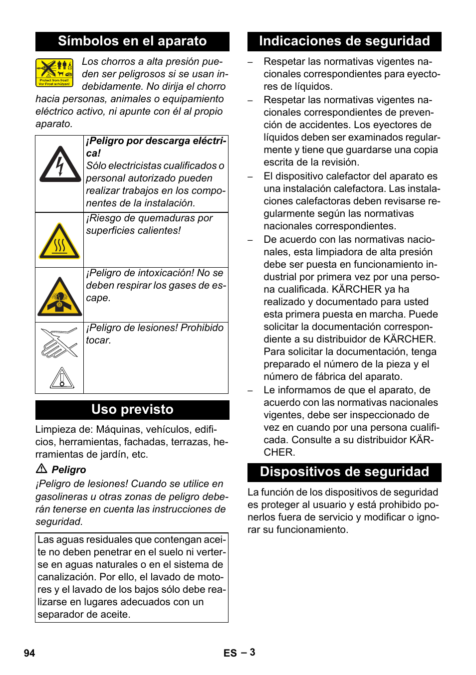 Símbolos en el aparato, Uso previsto, Indicaciones de seguridad | Dispositivos de seguridad | Karcher HDS 13-20-4 SX User Manual | Page 94 / 472