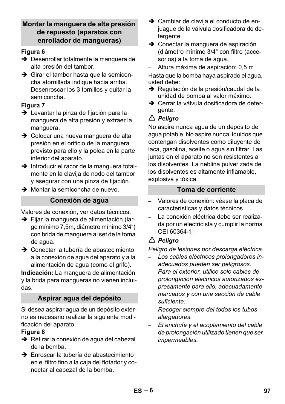 Conexión de agua, Aspirar agua del depósito, Toma de corriente | Karcher HDS 13-20-4 SX User Manual | Page 97 / 472