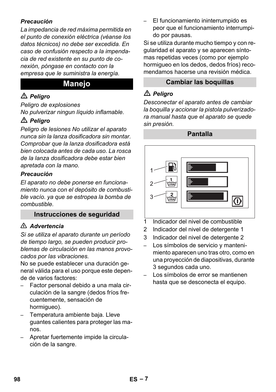 Manejo, Instrucciones de seguridad, Cambiar las boquillas | Pantalla | Karcher HDS 13-20-4 SX User Manual | Page 98 / 472