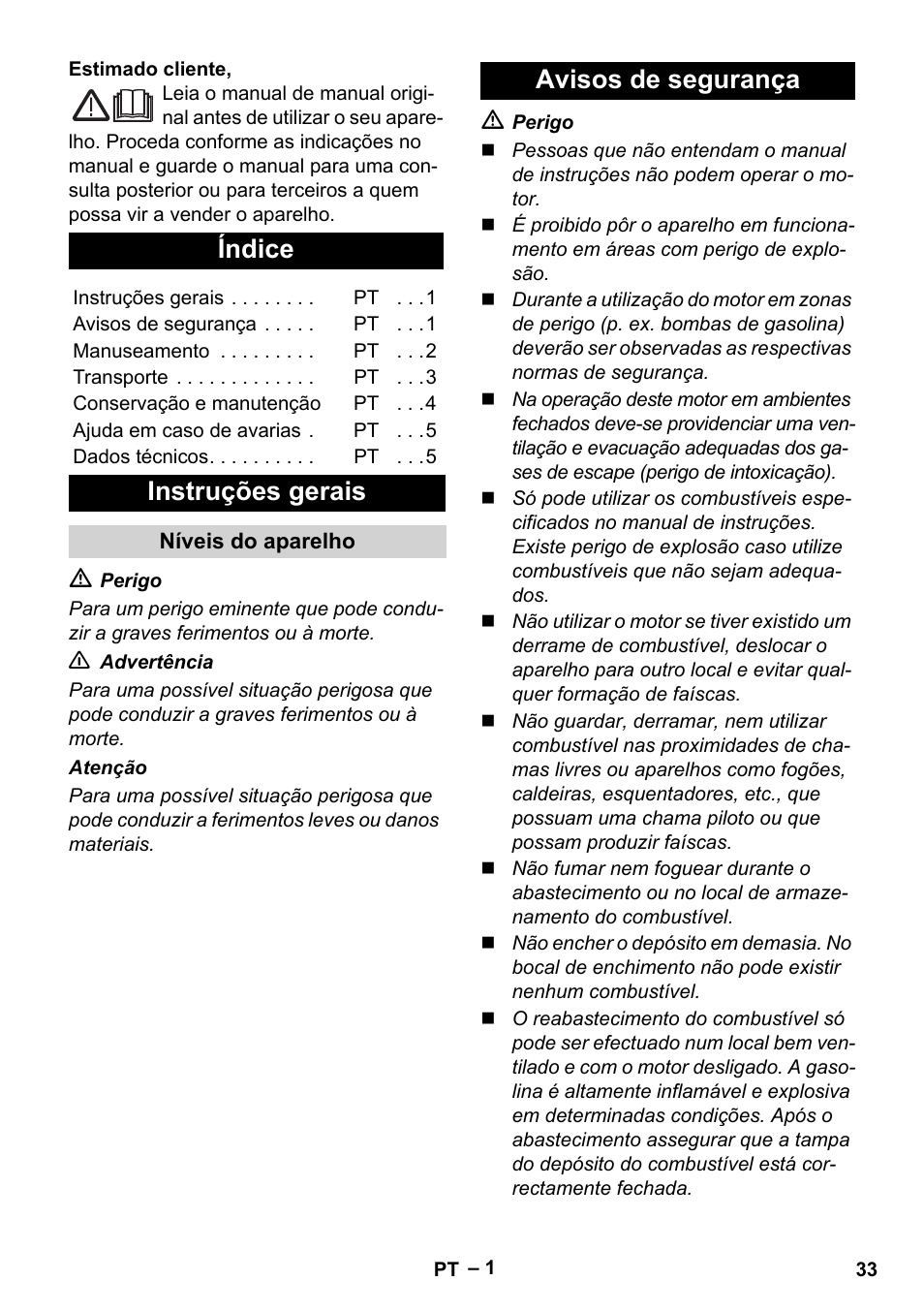 Português, Índice, Instruções gerais | Avisos de segurança | Karcher G 4-10 M User Manual | Page 33 / 137