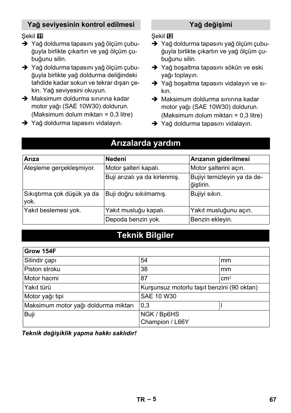 Arızalarda yardım, Teknik bilgiler | Karcher G 4-10 M User Manual | Page 67 / 137