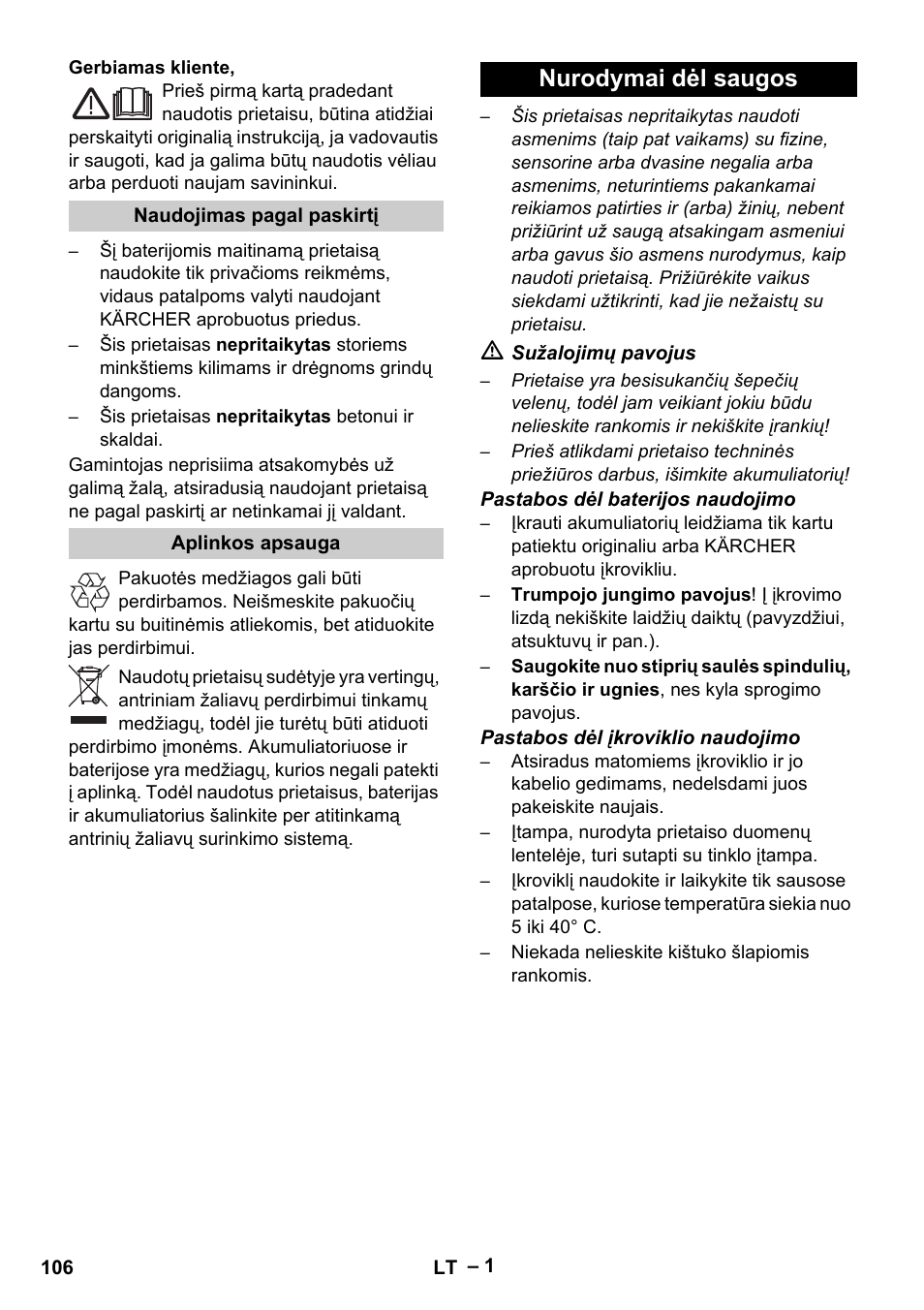Lietuviškai, Nurodymai dėl saugos | Karcher K 55 Pet Plus User Manual | Page 106 / 120