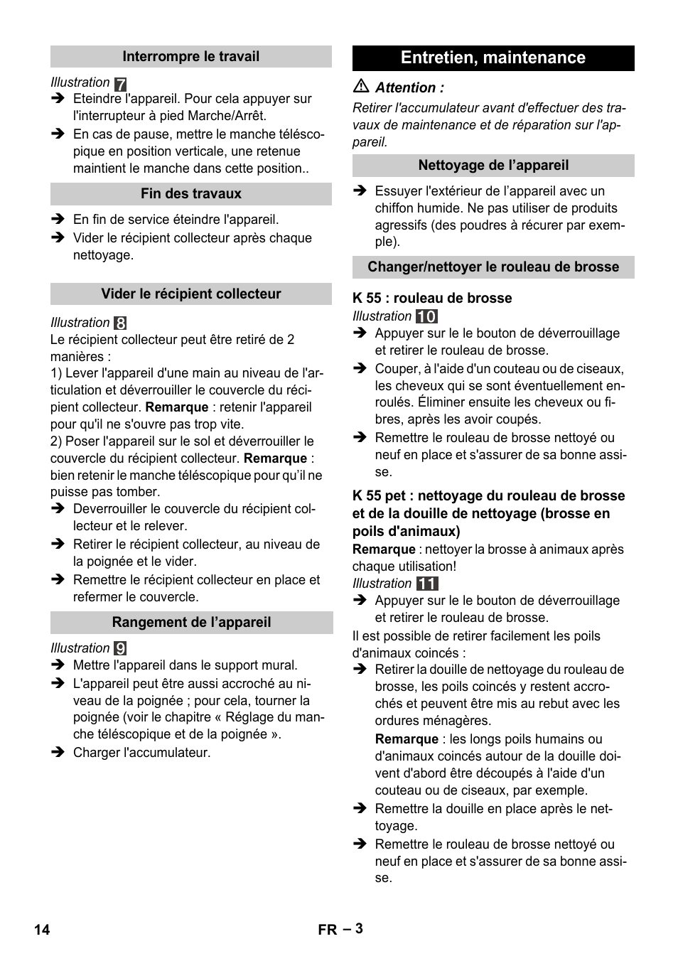 Entretien, maintenance | Karcher K 55 Pet Plus User Manual | Page 14 / 120