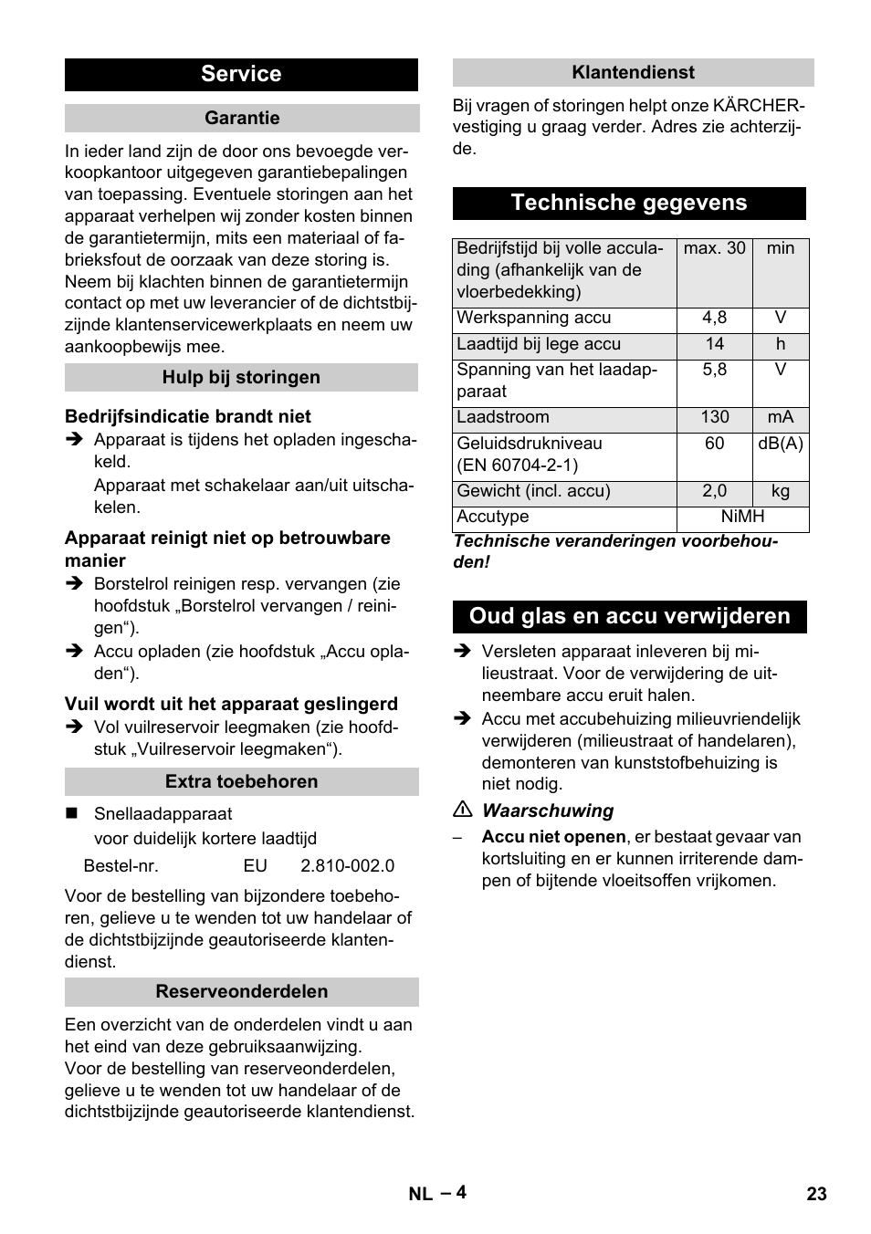 Service, Technische gegevens, Oud glas en accu verwijderen | Karcher K 55 Pet Plus User Manual | Page 23 / 120