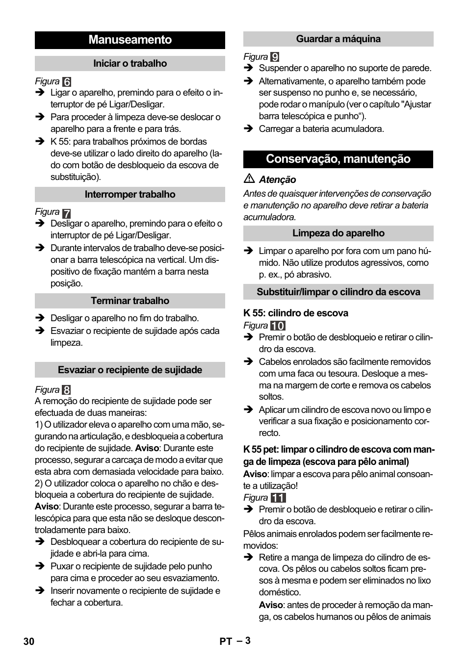 Manuseamento, Conservação, manutenção | Karcher K 55 Pet Plus User Manual | Page 30 / 120