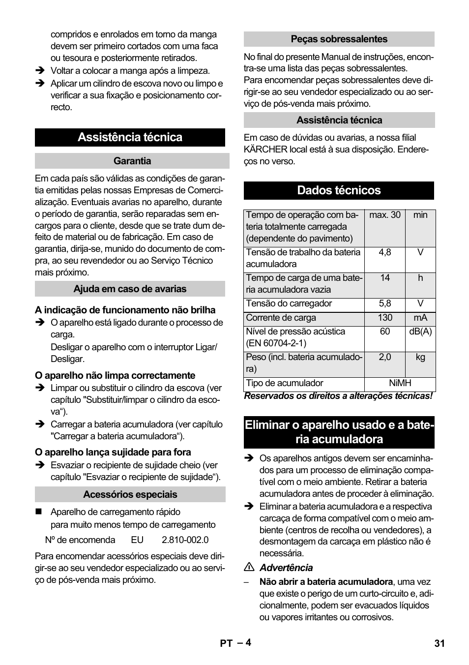 Assistência técnica, Dados técnicos | Karcher K 55 Pet Plus User Manual | Page 31 / 120