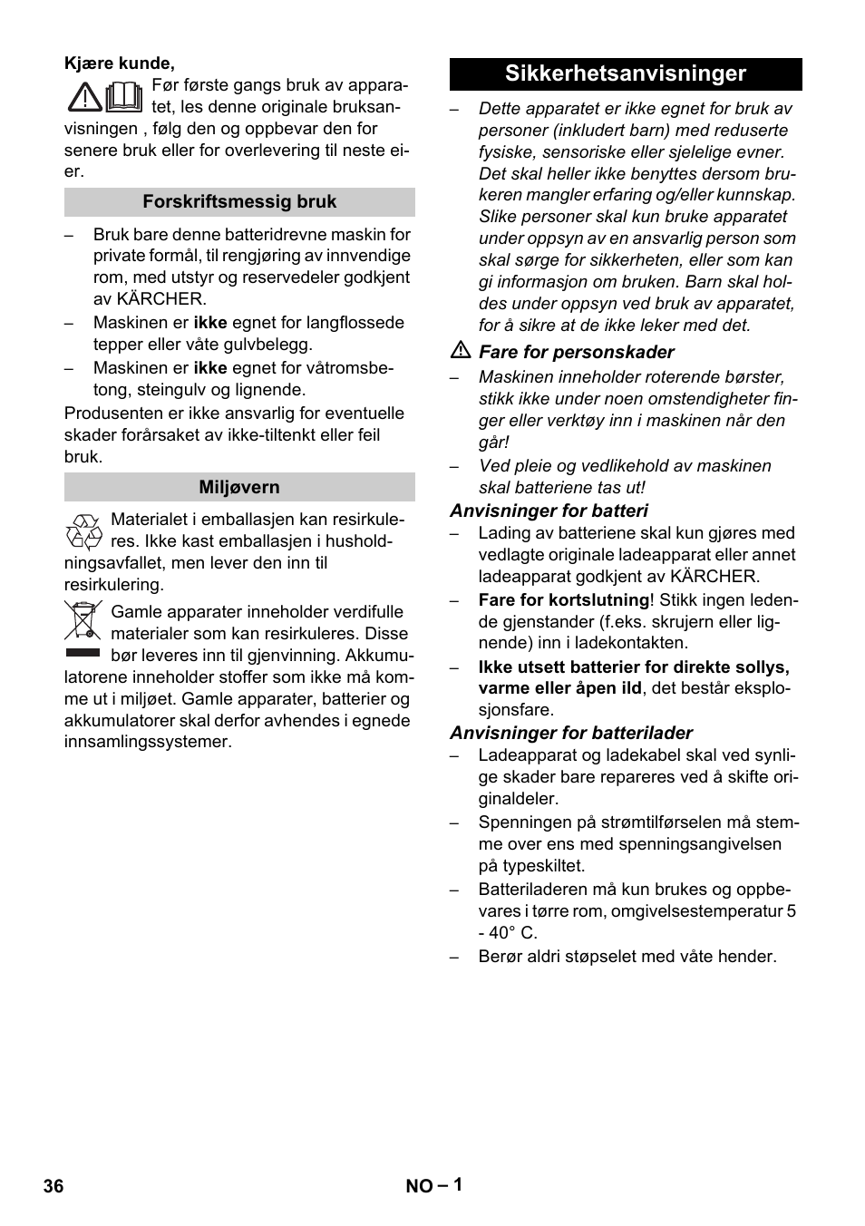Norsk, Sikkerhetsanvisninger | Karcher K 55 Pet Plus User Manual | Page 36 / 120